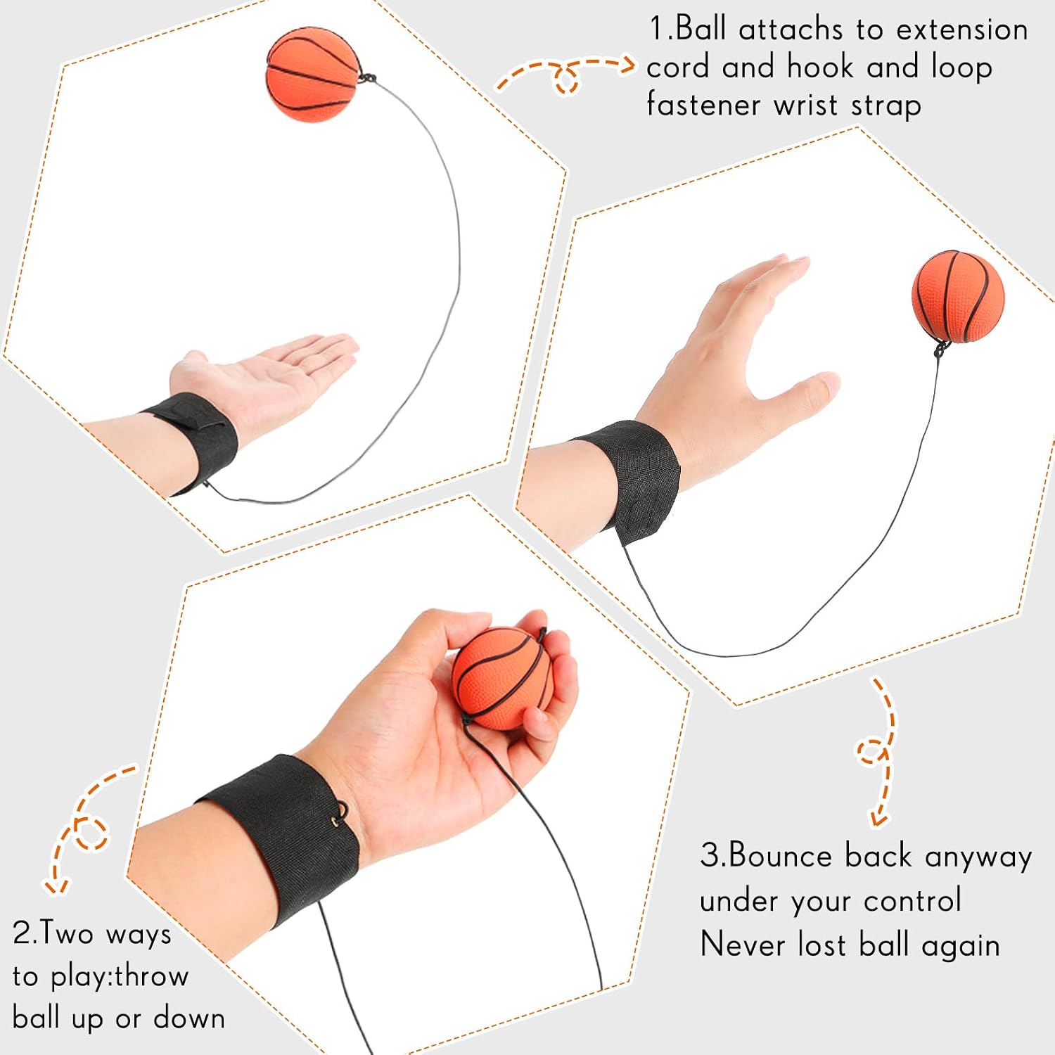 6 Pcs Wrist Return Ball on a String 2.48 Inch Rebound Sport Balls with Elastic Strap Soccer Basketball Baseball