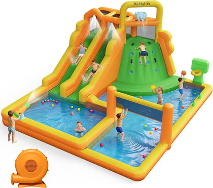 Inflatable Water Slide for Kids Backyard, 10 in 1 Water Park with Double Long Slides, Climbing Wall, Basketball Hoop