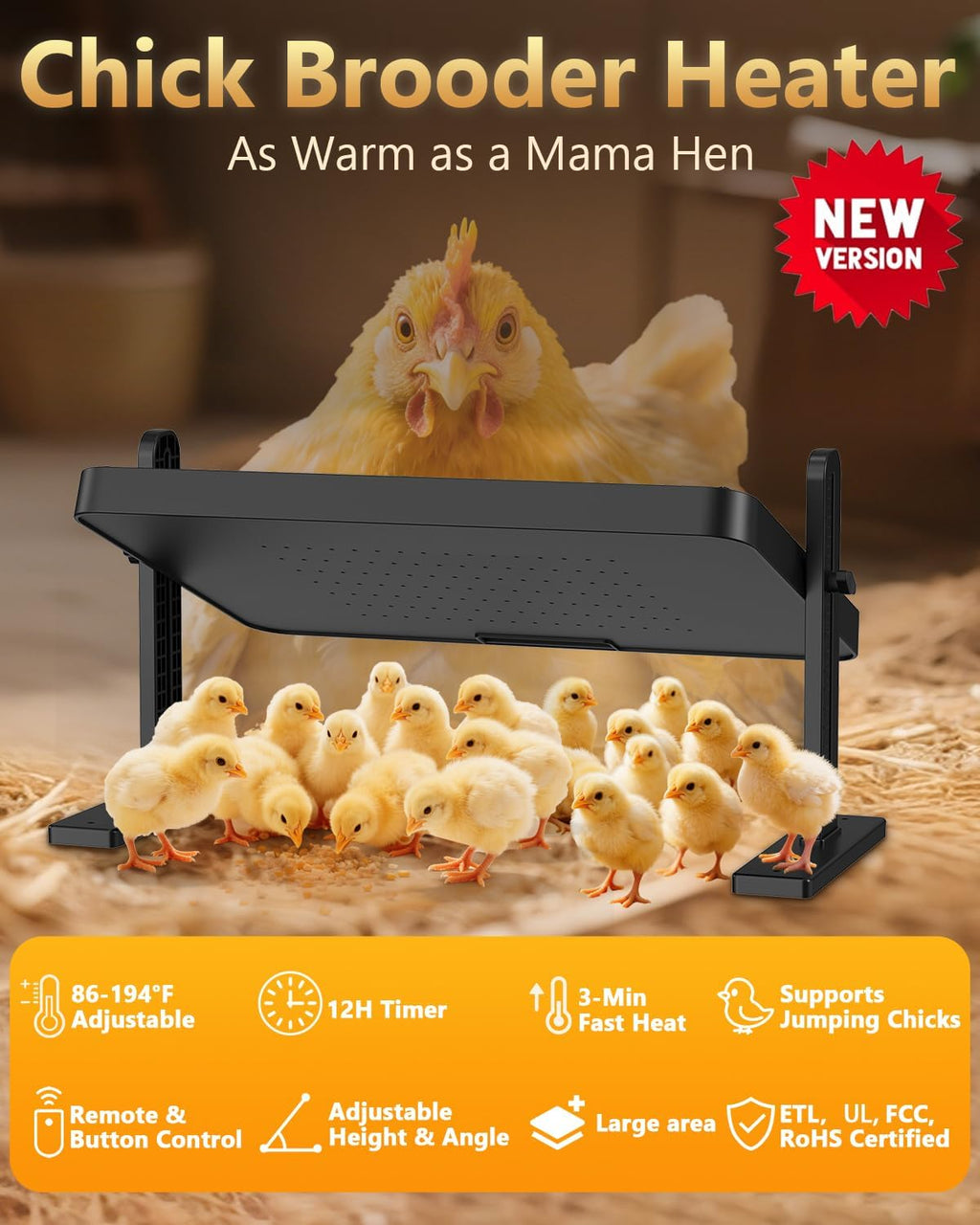 Chick Brooder Heating Plate with 86–194℉ Adjustable Temp, 12H Timer, Adjustable Height & Angle, 200W Rapid Heating