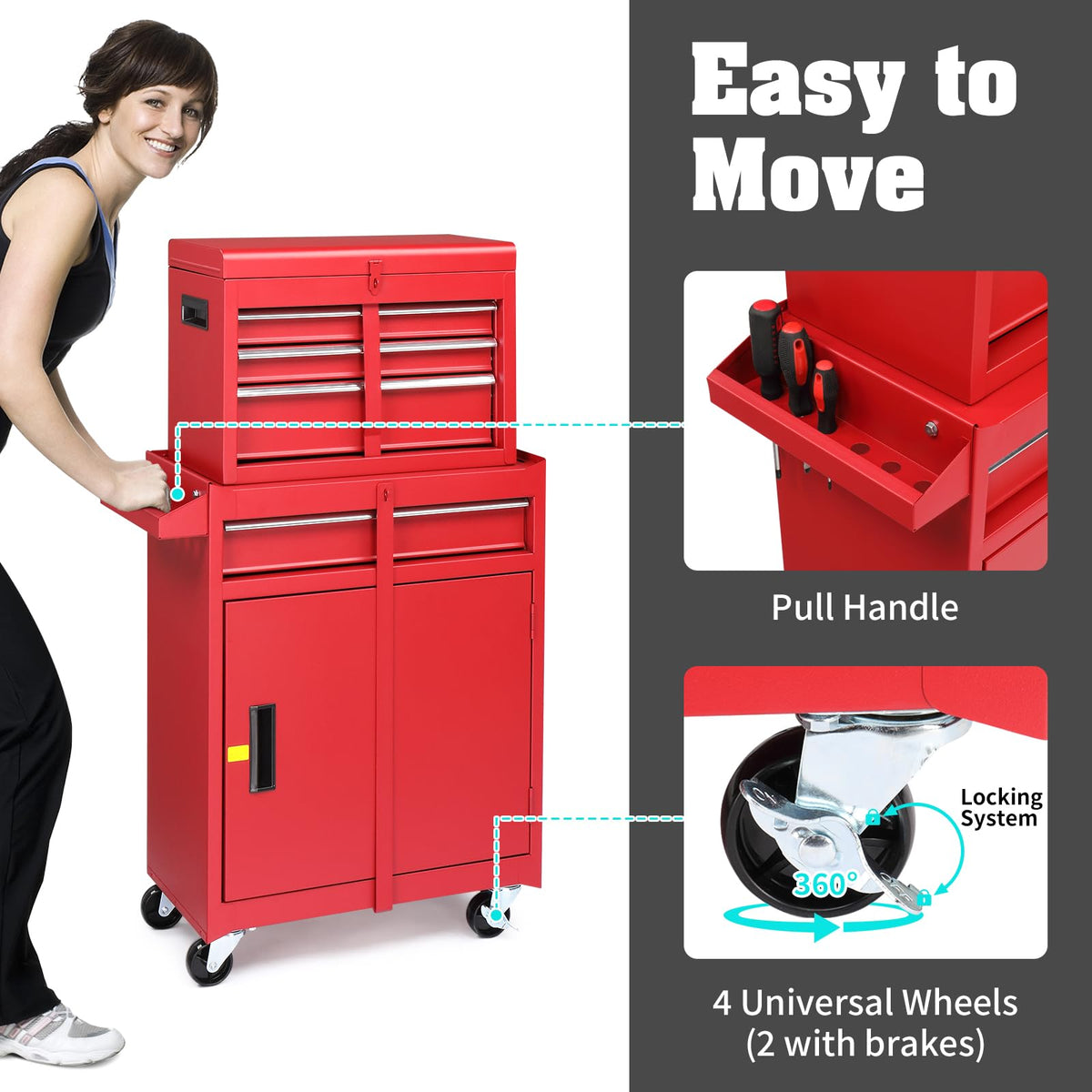 4-Drawer Rolling Tool Chest, 2-in-1 Large Storage Toolbox, Red