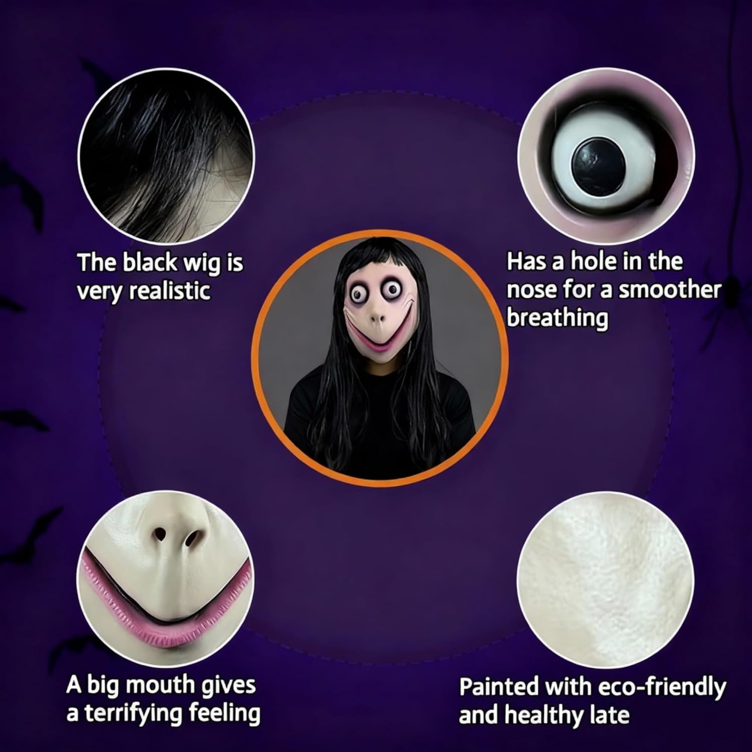 Long Wig Demon Horror Scream MOMO Head Mask, Adult Scary Halloween Cosplay Mask for Themed Party Props