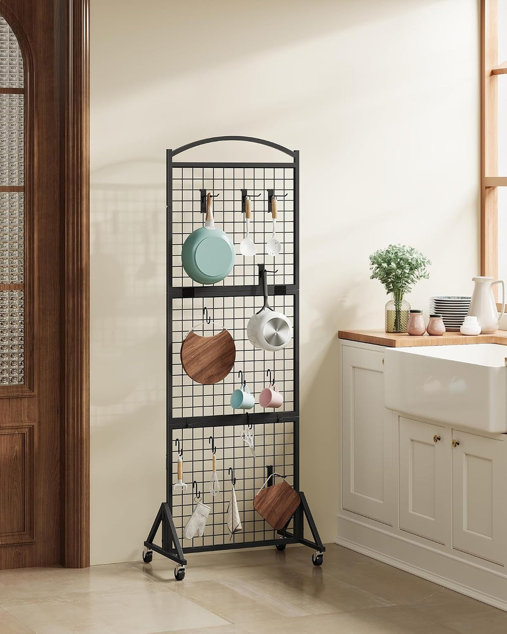 Foldable Grid Wall Panel 1.9' x 5.6' FT, Movable Gridwall Display Rack, Wire Grid Rack on Wheels, Retail Display