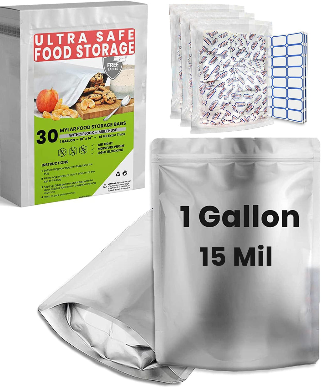30 Mylar Bags for Food Storage 1 Gallon - Extra Thick 15 Mil - Long Term & Food Grade - Mylar Bags with Oxygen