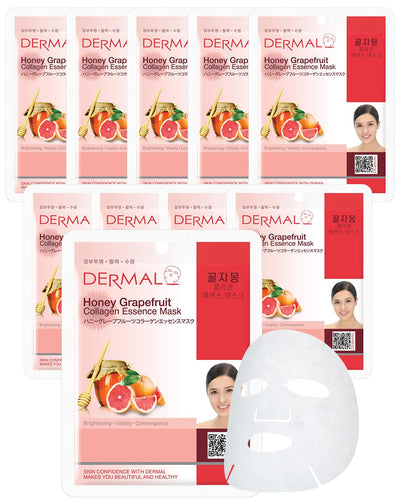 Honey Grapefruit Collagen Essence Korean Facial Mask Sheet Pack of 10 - Rich in Vitamin C & Amino Acid - Hydrating