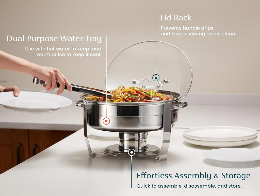 Chafing Dish for Buffet Set, by Kook, Catering Food Warmers, Round Dishes, Warmer Tray, Stainless Steel with Glass