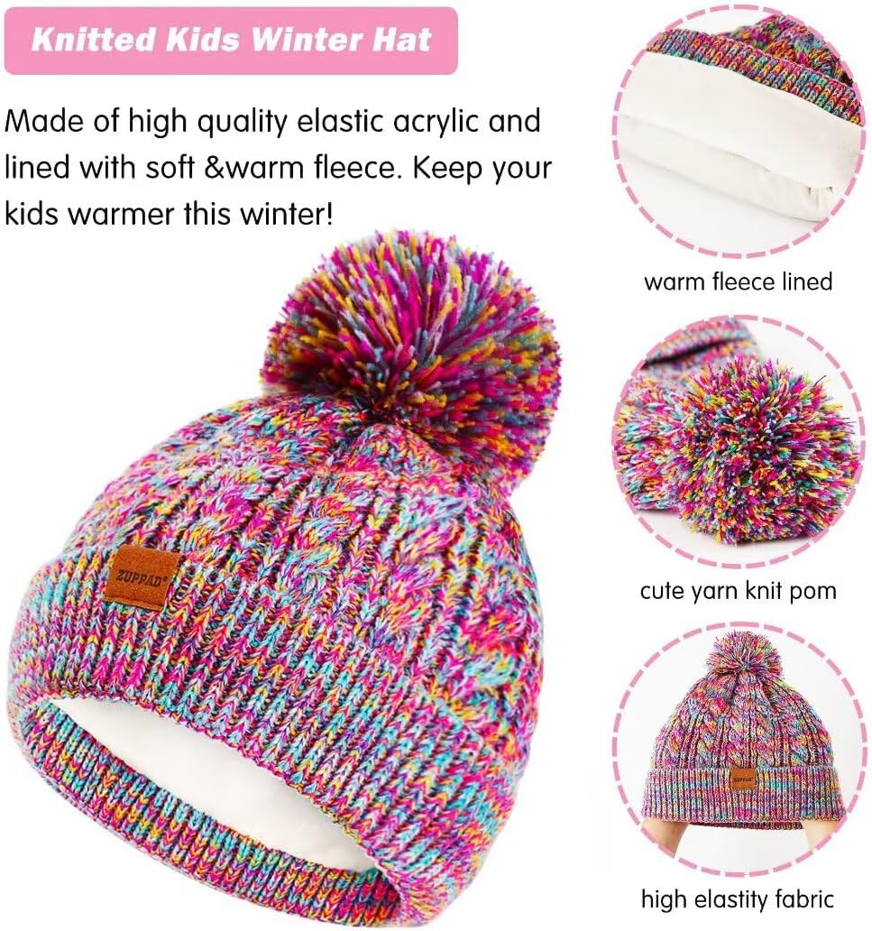 Kids Winter Hat Gloves Scarf Set,Girls Toddler Children Hats Beanie with Pom Knit Neck Warmer Gaiter Mittens Fleece