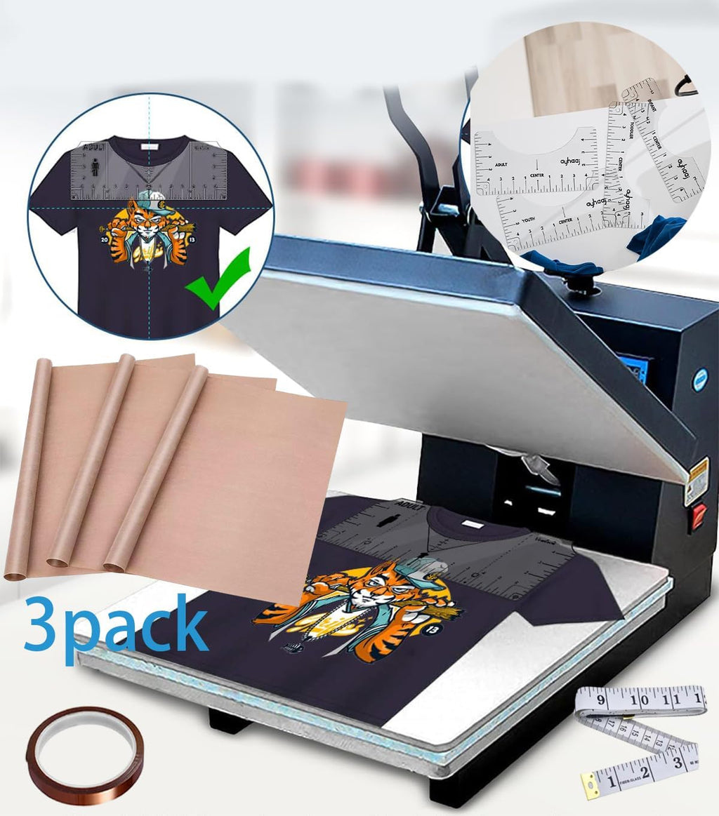 Sublimation Shirts Tool Kits - 4 T Shirt Rulers, 3 Pack Teflon Sheet for Heat Press 12 x 16in - 2 Rolls Heat