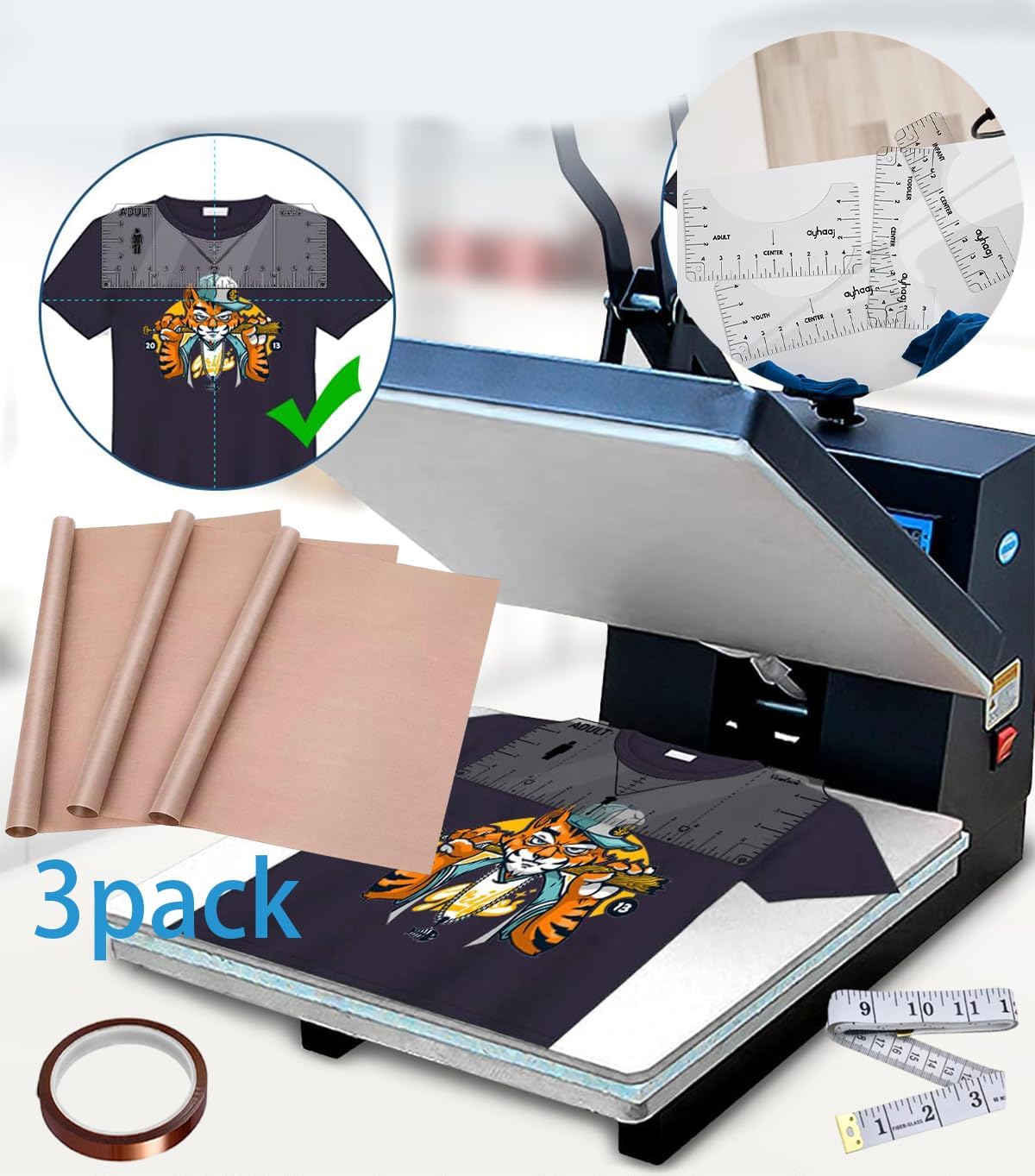 Sublimation Shirts Tool Kits - 4 T Shirt Rulers, 3 Pack Teflon Sheet for Heat Press 12 x 16in - 2 Rolls Heat