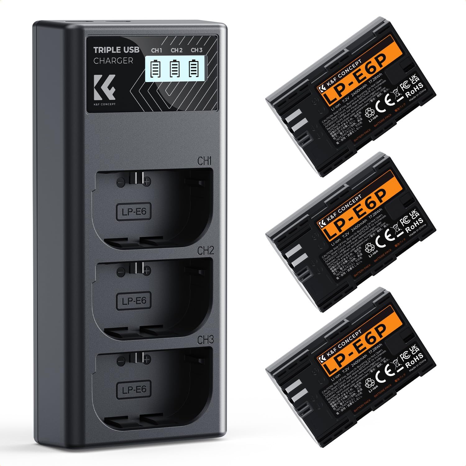 3-Pack LP-E6P Battery Charger, 2400mAh R6 Mark III Battery Compatible with Canon R6 Mark II III, R5 Mark II, C50