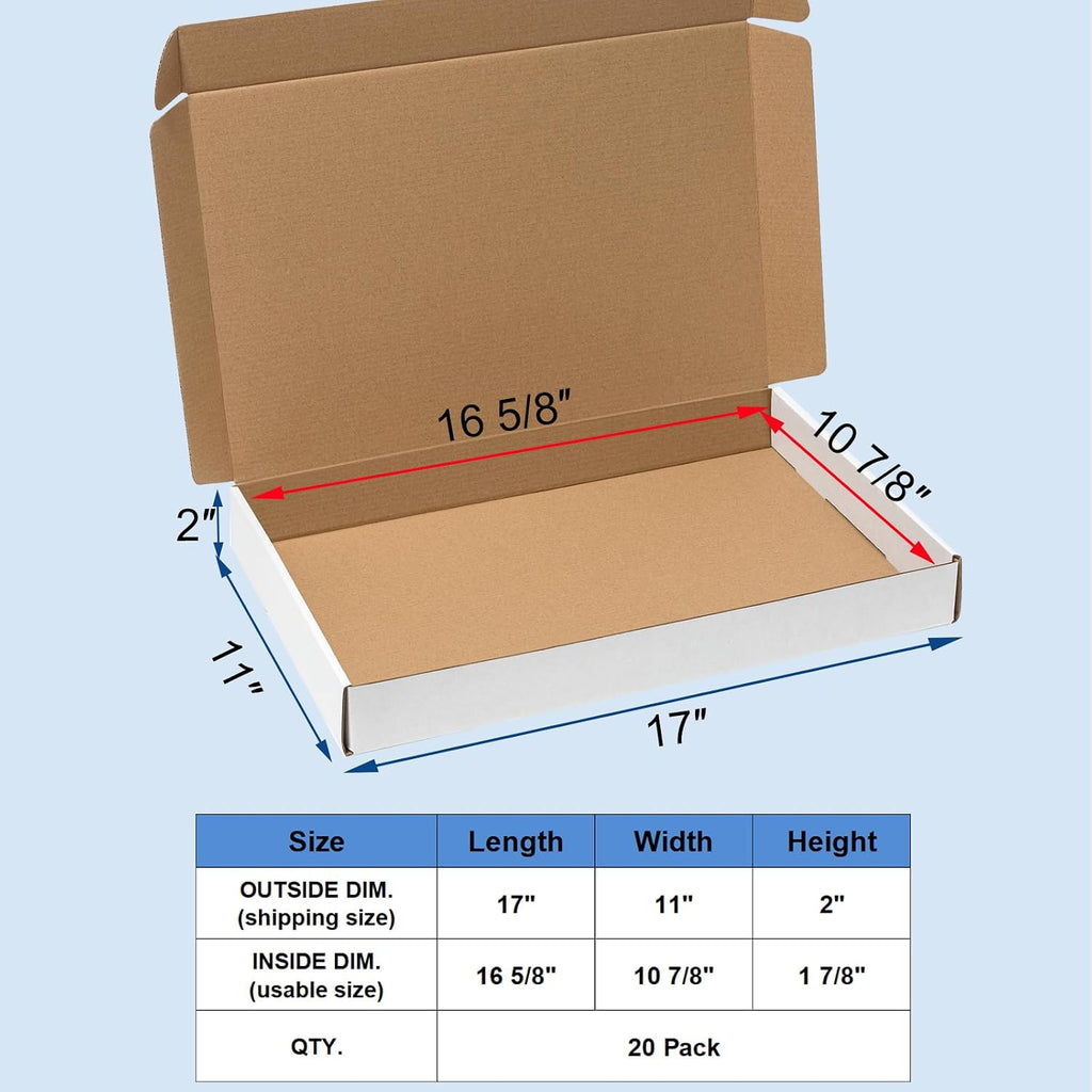 Shipping Boxes 17x11x2" 20 Pack White Corrugated Cardboard Mailer