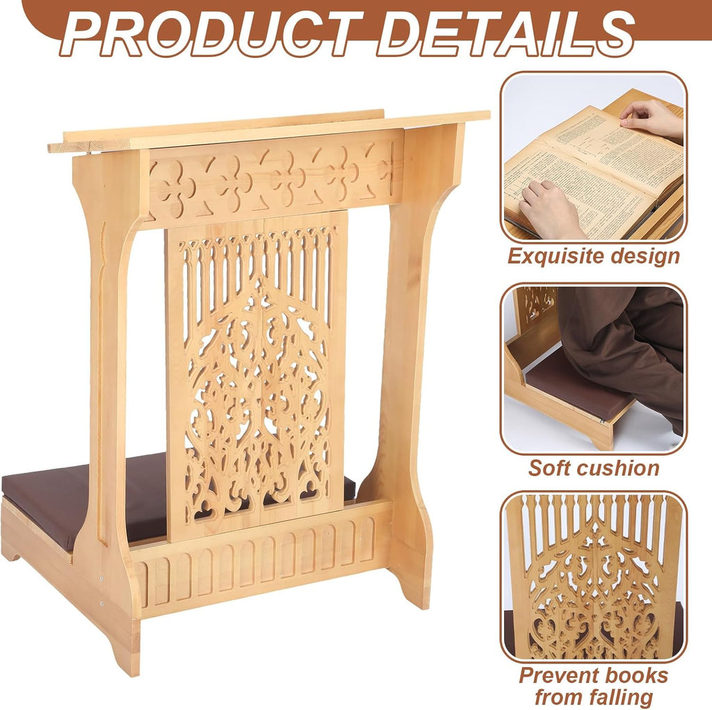 Tree of Life Church Prayer Bench Stool Wooden Padded Kneeler with Shelf and Cushion Prayer Kneeler for Home Church