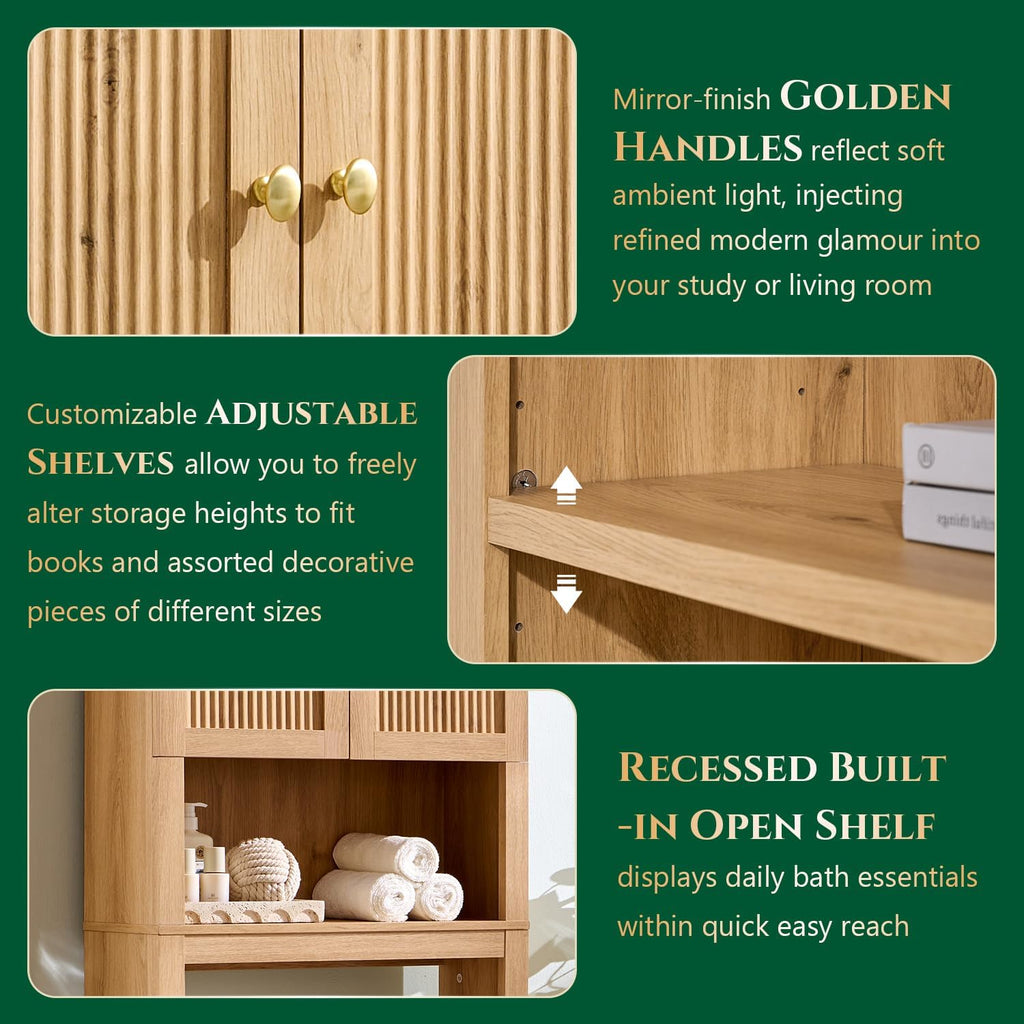 72" Over The Toilet Storage Cabinet, Modern Over Toilet Bathroom Organizer Shelf with Fluted Arched Doors, Wooden
