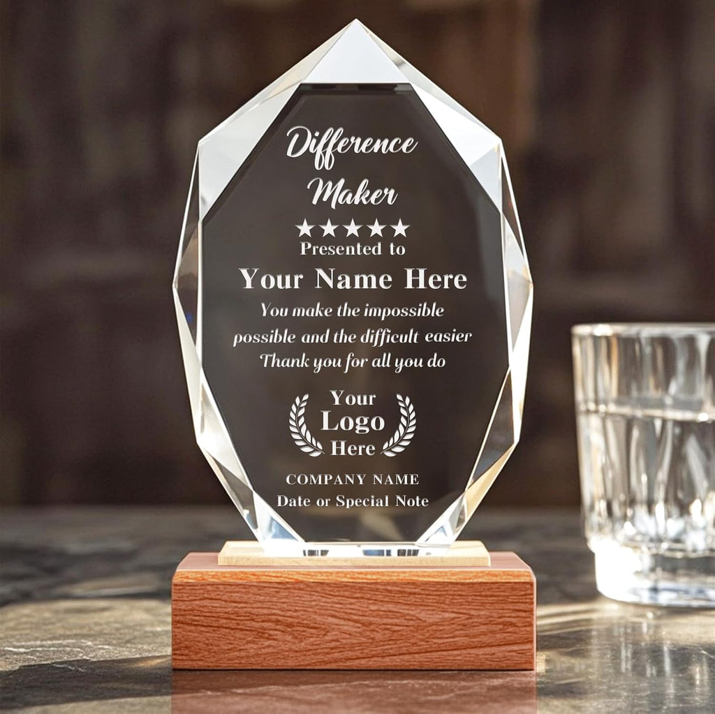 Custom Crystal Trophy Award with Wood Base, Personalized Engraved Text and Logo on Glass Plaque, Appreciation Gift
