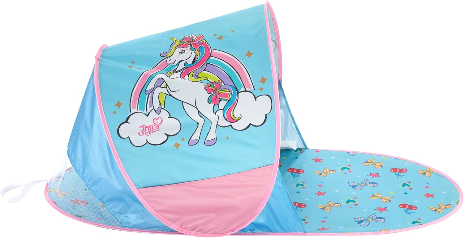 JoJo Siwa Unicorn 3 Piece 26"x46" Adventure Pop up Play Tent Set with Slumber Bag,Carry Bag,and String Lights