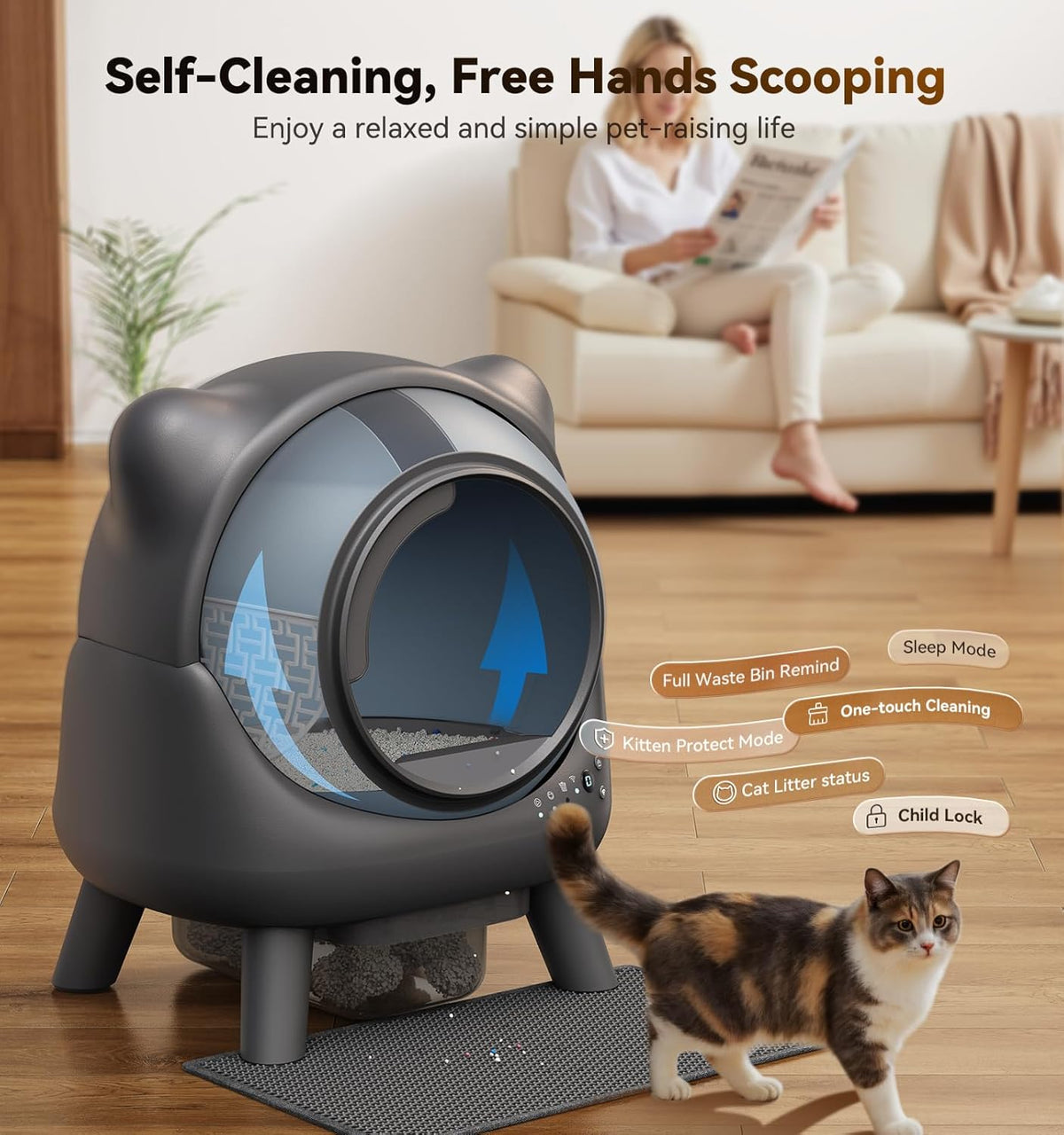 Automatic Litter Box, FEELNEEDY Self Cleaning Litter Box, Odor Control Robot, Cat Ears Design, 65L APP Real-Time