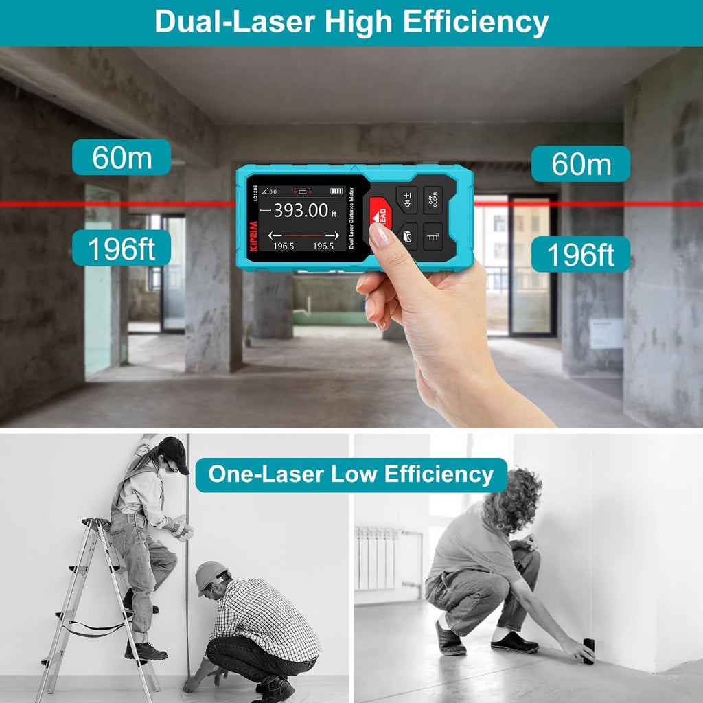 393ft Dual Laser Distance Measuring Tool LD120S, 120m Total Range, Electronic Level, Precise Measurements, and