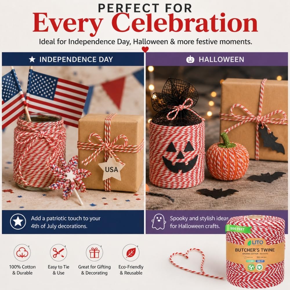 Red and White Organic Twine Cotton String - 500 Feet Wrapping, Baking, Butcher, Crafts, DIY Projects, Easter, Christmas