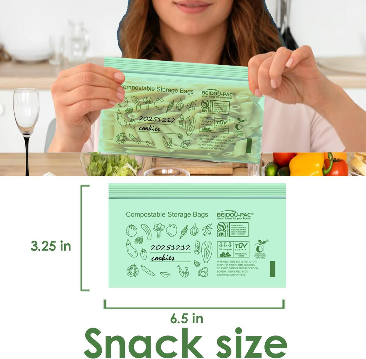 Compostable Snack Storage Zip Bags, 100 Count | 2 Mil | 6.5 IN x 3.25 IN, Freshness Easy Open Biodegradable