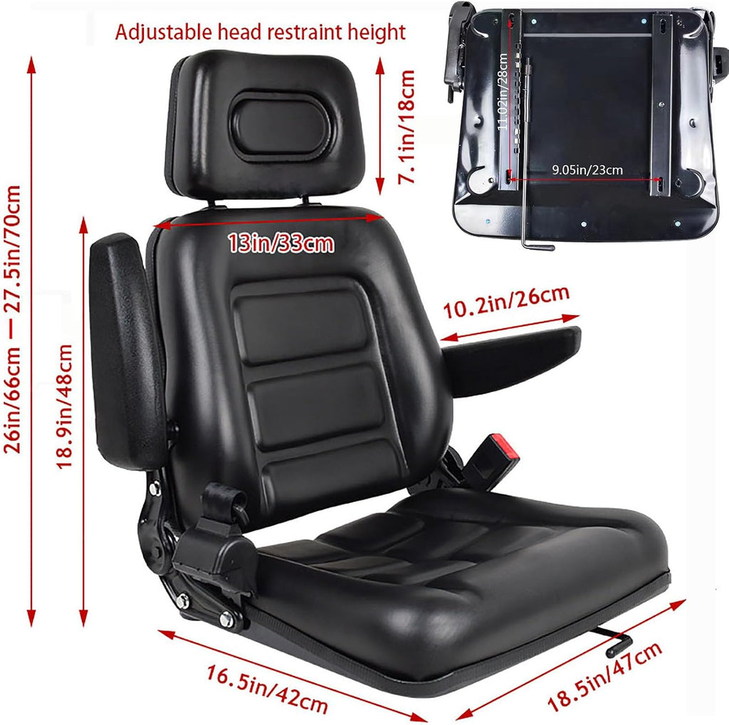 Universal Lawn Mower Seat, Tractor Seat Fold Down with Armrest Headrest Seatbelt, Adjustable Backrest and Slide Rail