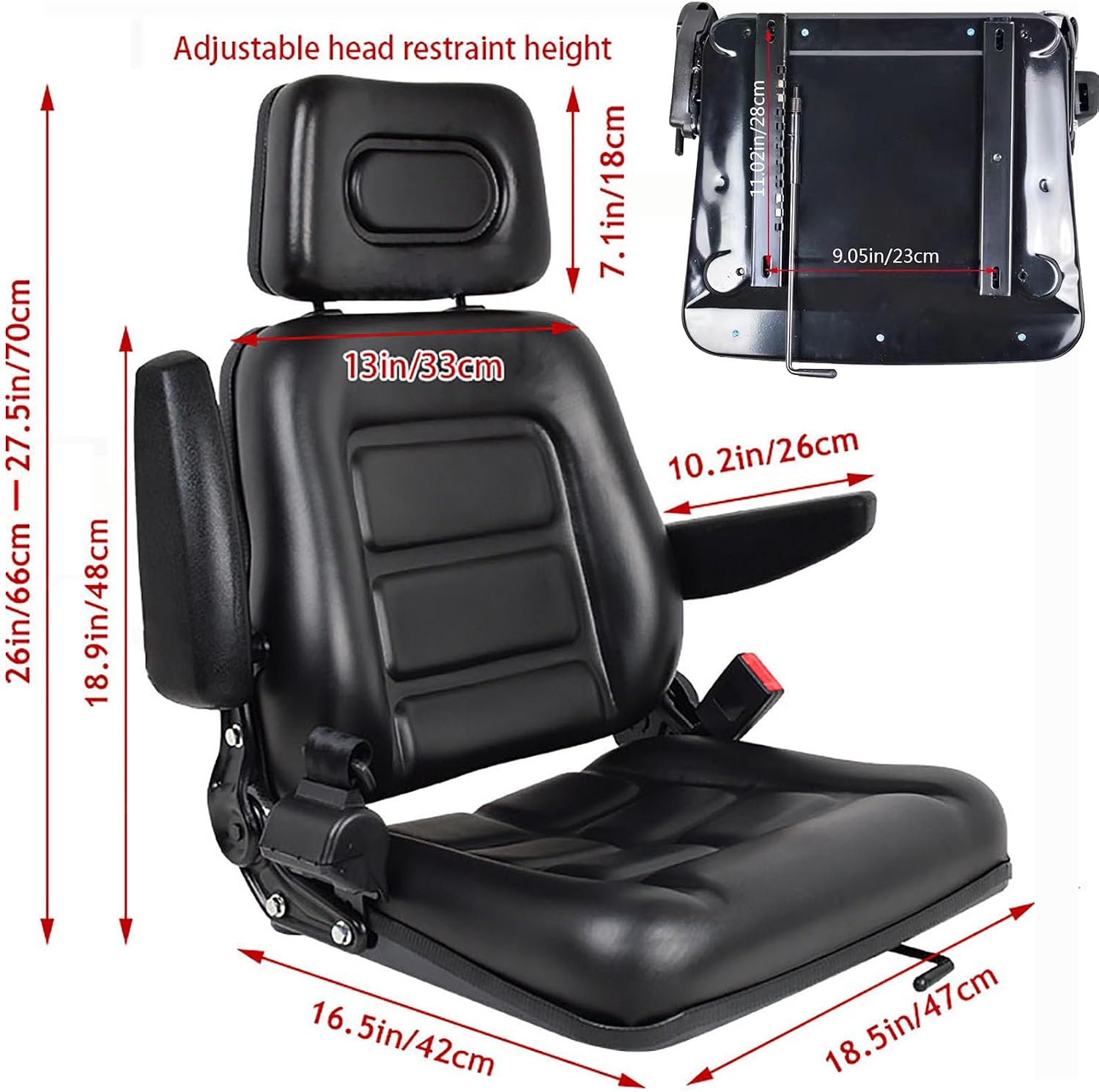 Universal Lawn Mower Seat, Tractor Seat Fold Down with Armrest Headrest Seatbelt, Adjustable Backrest and Slide Rail