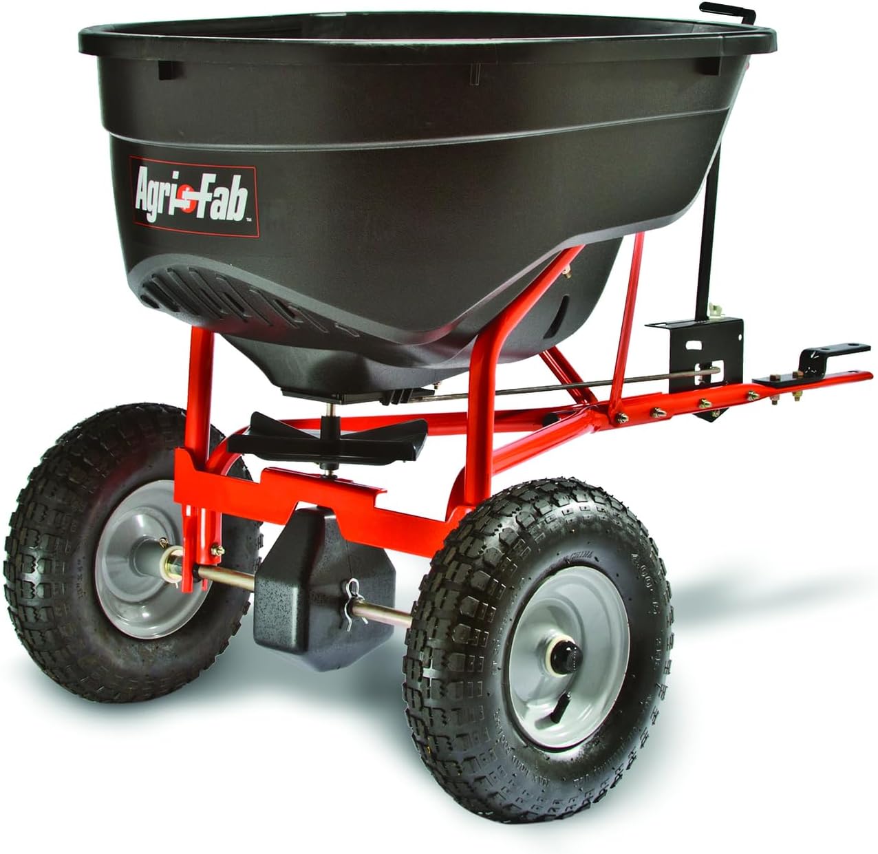Pull Behind Broadcast Spreader for Seed, Fertilizer, Salt and Ice Melt, 130 lb Hopper Capacity with Universal Hitch