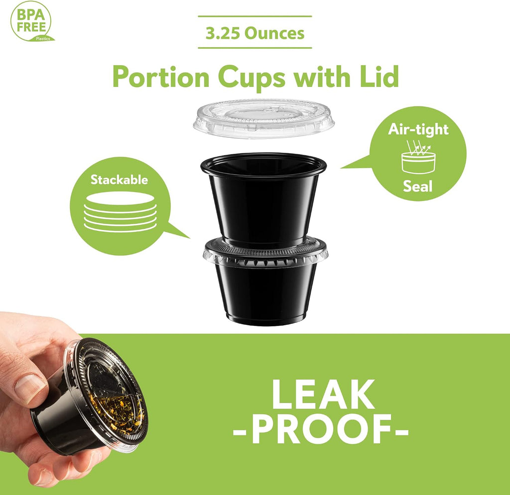 {3.25 oz - 100 Sets} Black Diposable Plastic Portion Cups With Lids, Small Mini Containers For Portion Controll