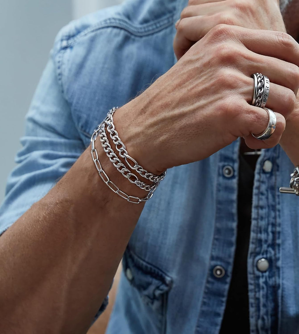 Jewelry Set for Men Silver Stainless Steel Cuban Link Necklace Bracelet Rings Hoop Stud Earrings Mens Jewelry Set