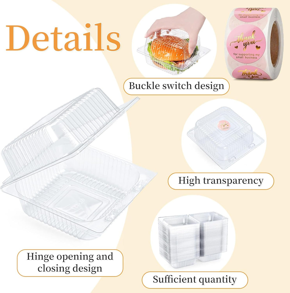 100 Pack Heavy Duty Clear Clamshell Food Containers with 500 Stickers
