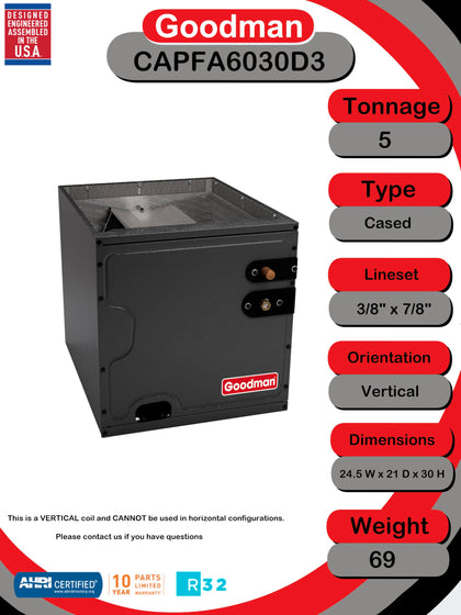 CAPFA6030D3 5 Ton R-32 Upflow/Downflow Cased Evaporator Coil with Piston Metering – Individual Component – Replaces