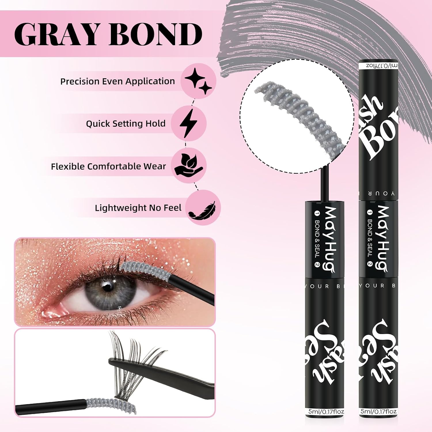 Gray Lash Bond and Seal Kit with Lash Glue Remover and Tweezers Long-Lasting, Waterproof For DIY Eyelash Extension At