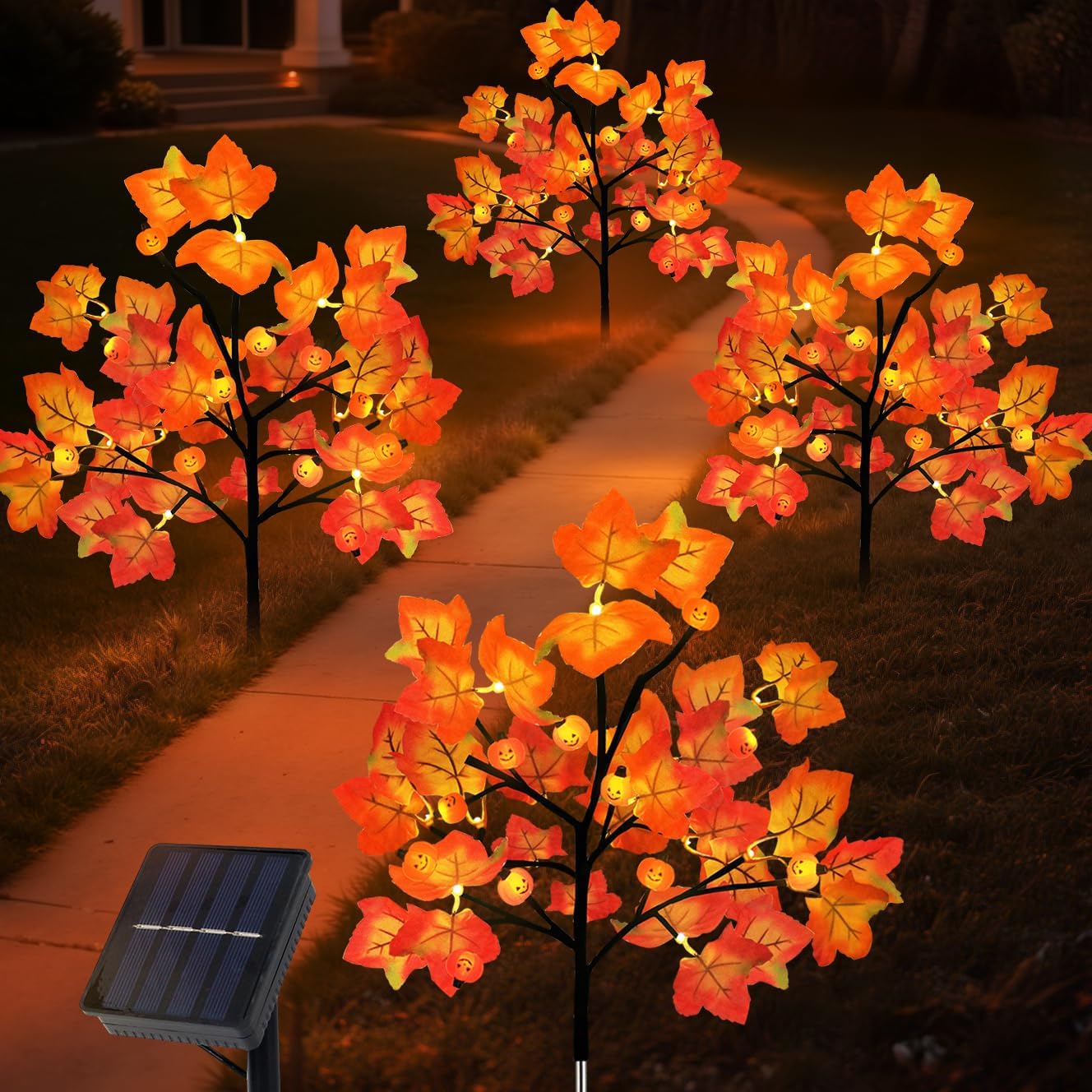 4 Packs Solar Fall Thanksgiving Decorations Outdoor, 80LED Maple Leaf Pumpkin Fall Lights for Outdoor Fall