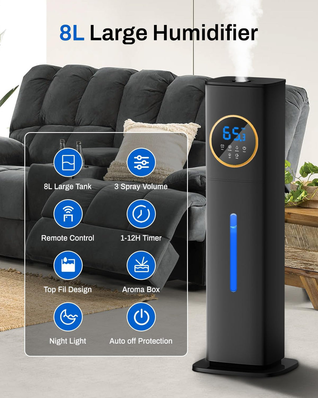 Humidifier Large Room Bedroom with Night Light, 2.1Gal(8L) Humidifiers for Home with Essential Oil Diffuser, Top Fill