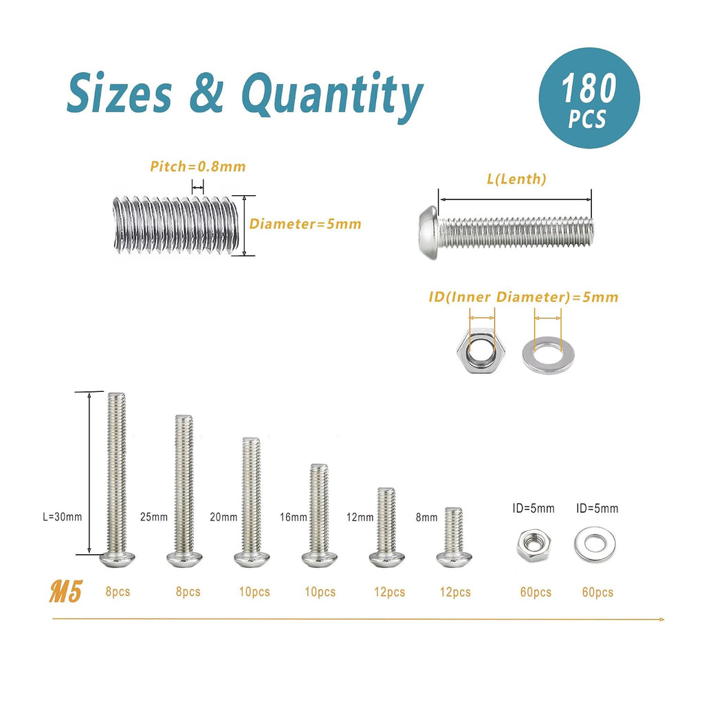 KADRICK 180PCS M5 Screw Kit,Hex Socket Button Head M5 Bolts 8mm-30mm