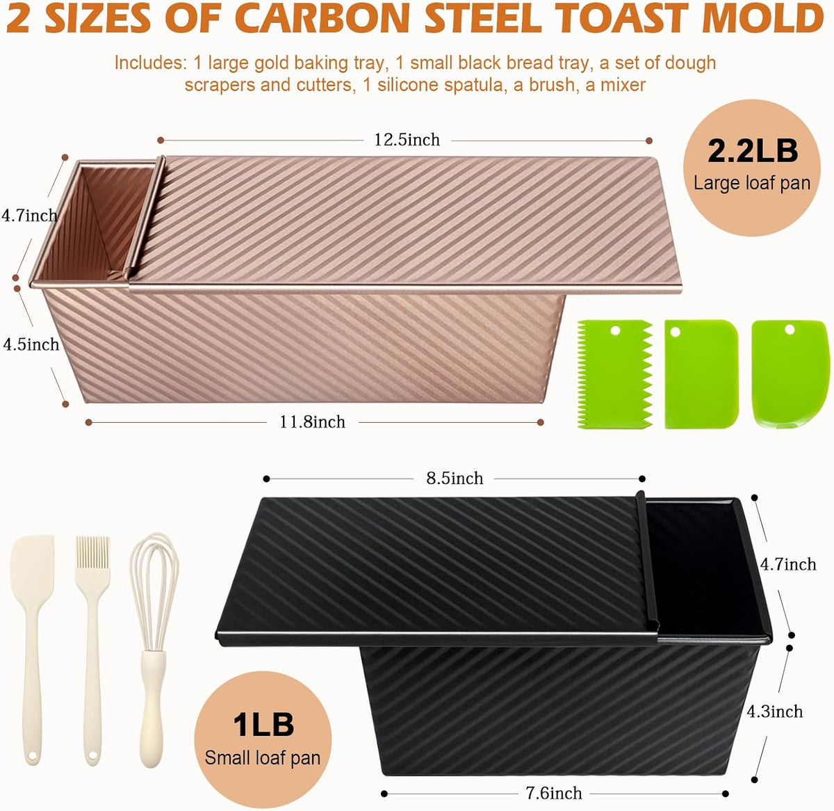Pullman Loaf Pan with Lid, 2 Pack 2.2 LB & 1 LB Dough Capacity, Non-Stick Carbon Steel Bread Pan for Sandwich Bread