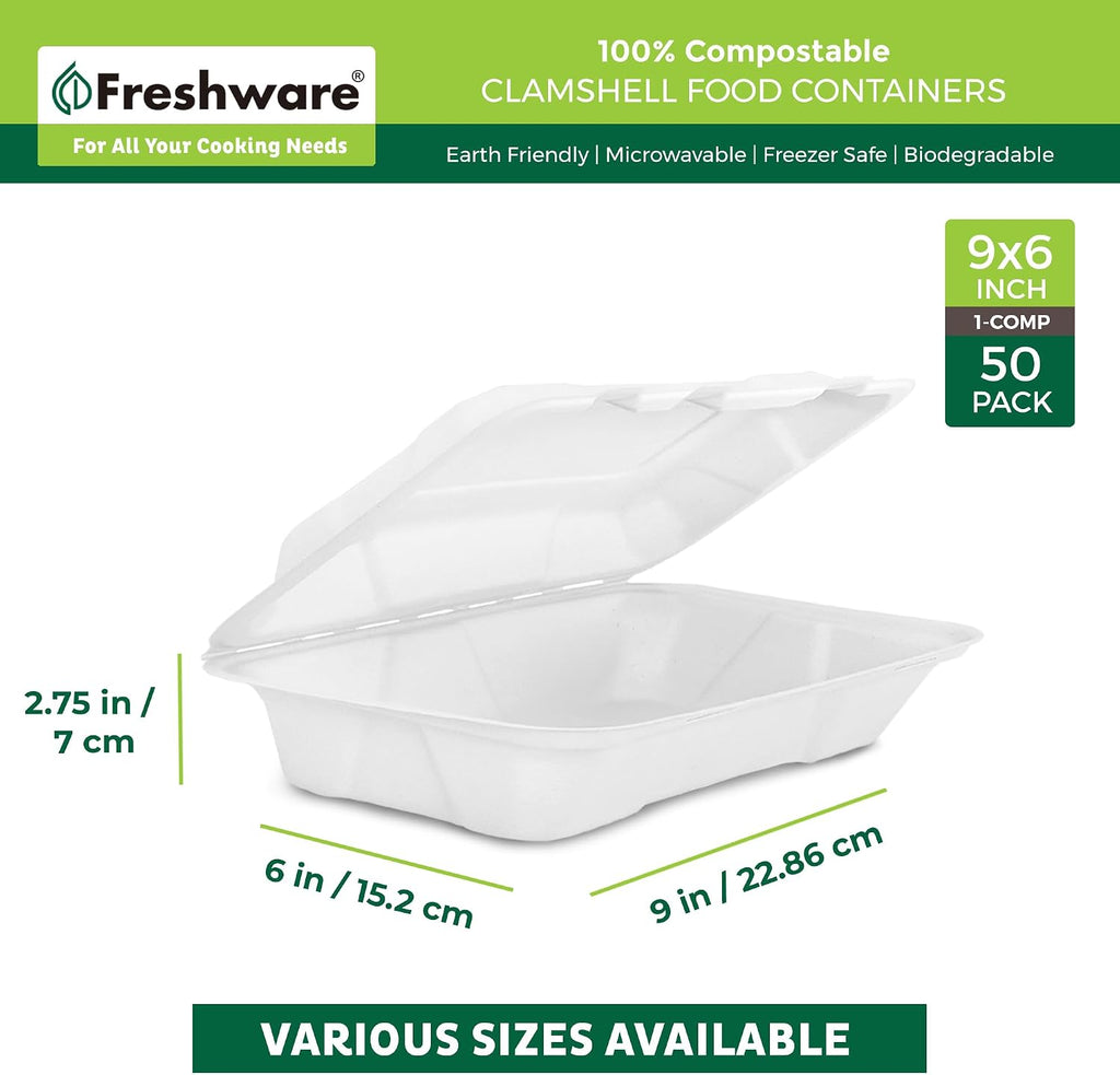 Compostable Clamshell Food Containers [9x6" 50-Pack] Disposable To Go Containers, Biodegradable Sugarcane To Go Boxes