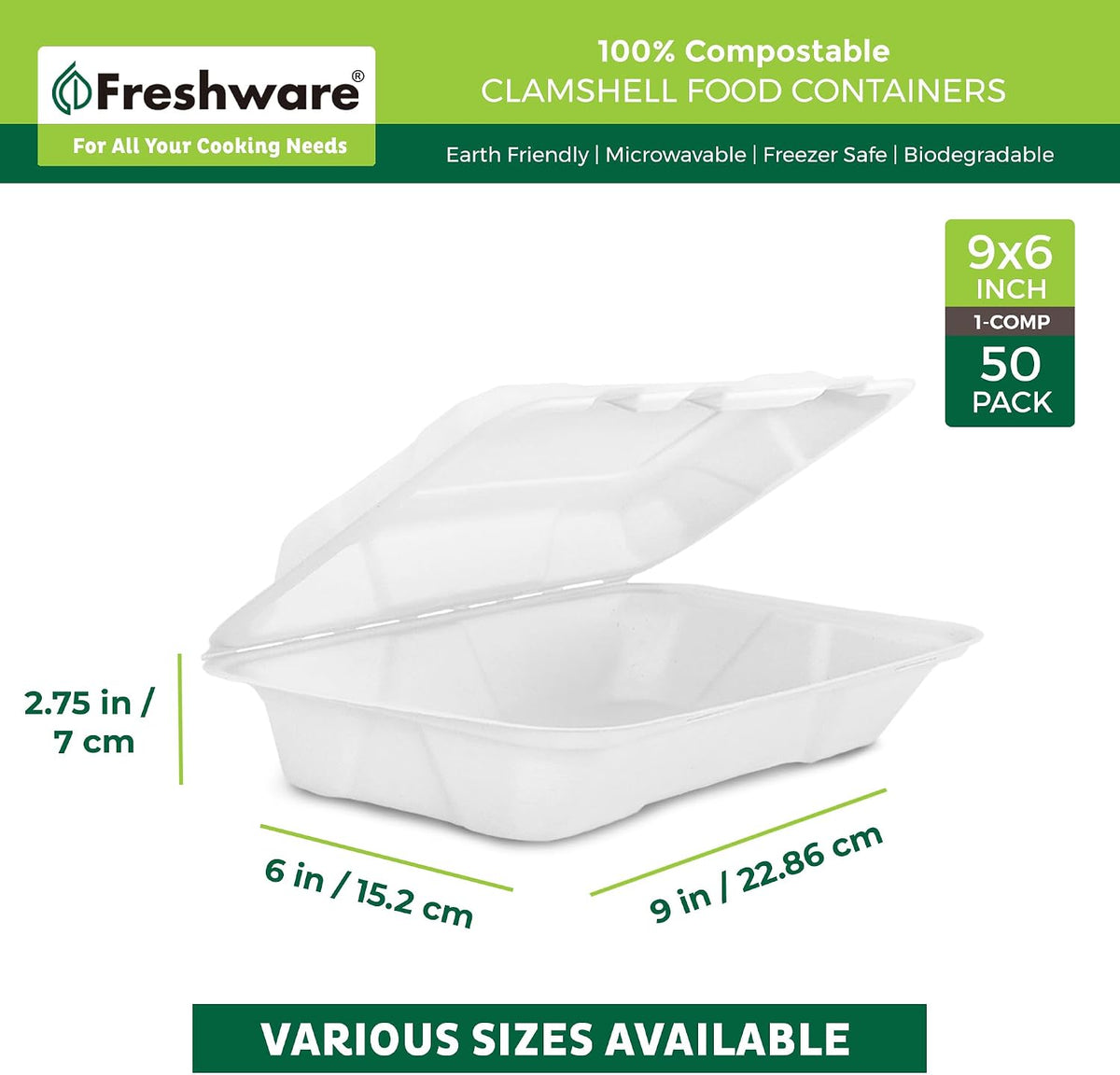 Compostable Clamshell Food Containers [9x6" 50-Pack] Disposable To Go Containers, Biodegradable Sugarcane To Go Boxes