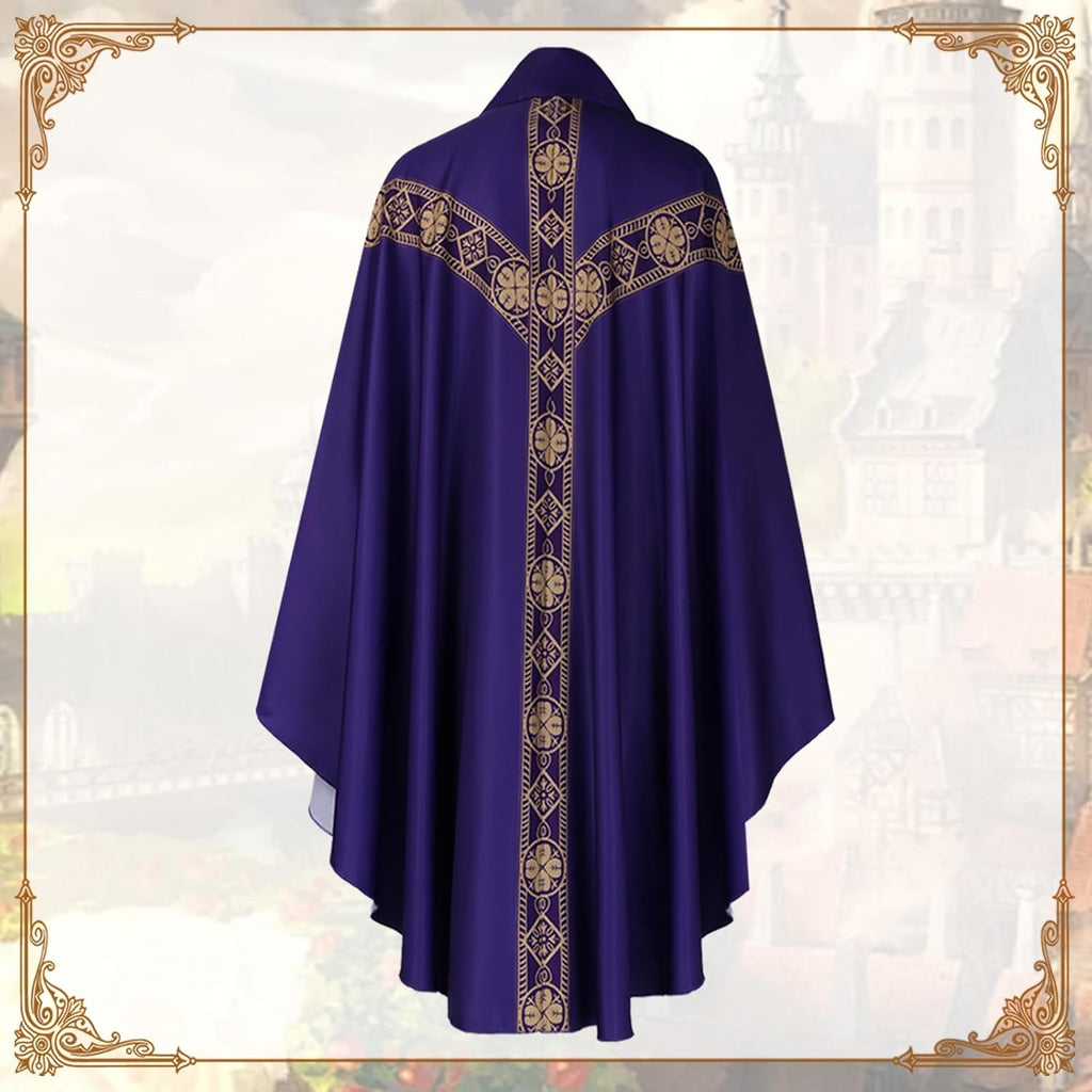Church Catholic Priest Chasubles Vestments, Robe Chasuble Mass Round Collar Robe with Stole Men