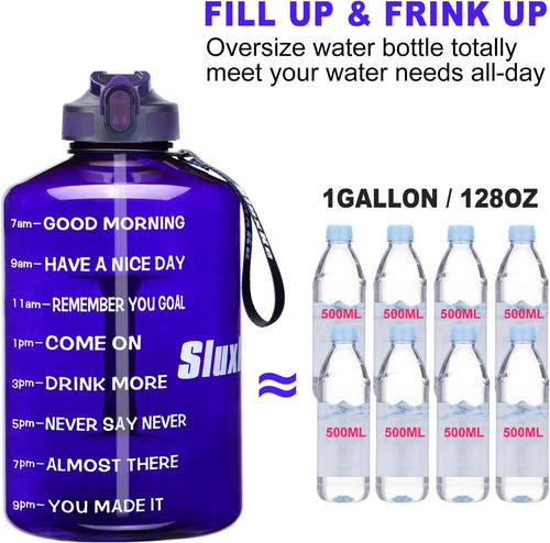 1 Gallon Motivational Sports Water Bottle with Time Marker, BPA Free 128oz Leak Proof Jug, Black, Plastic, 128