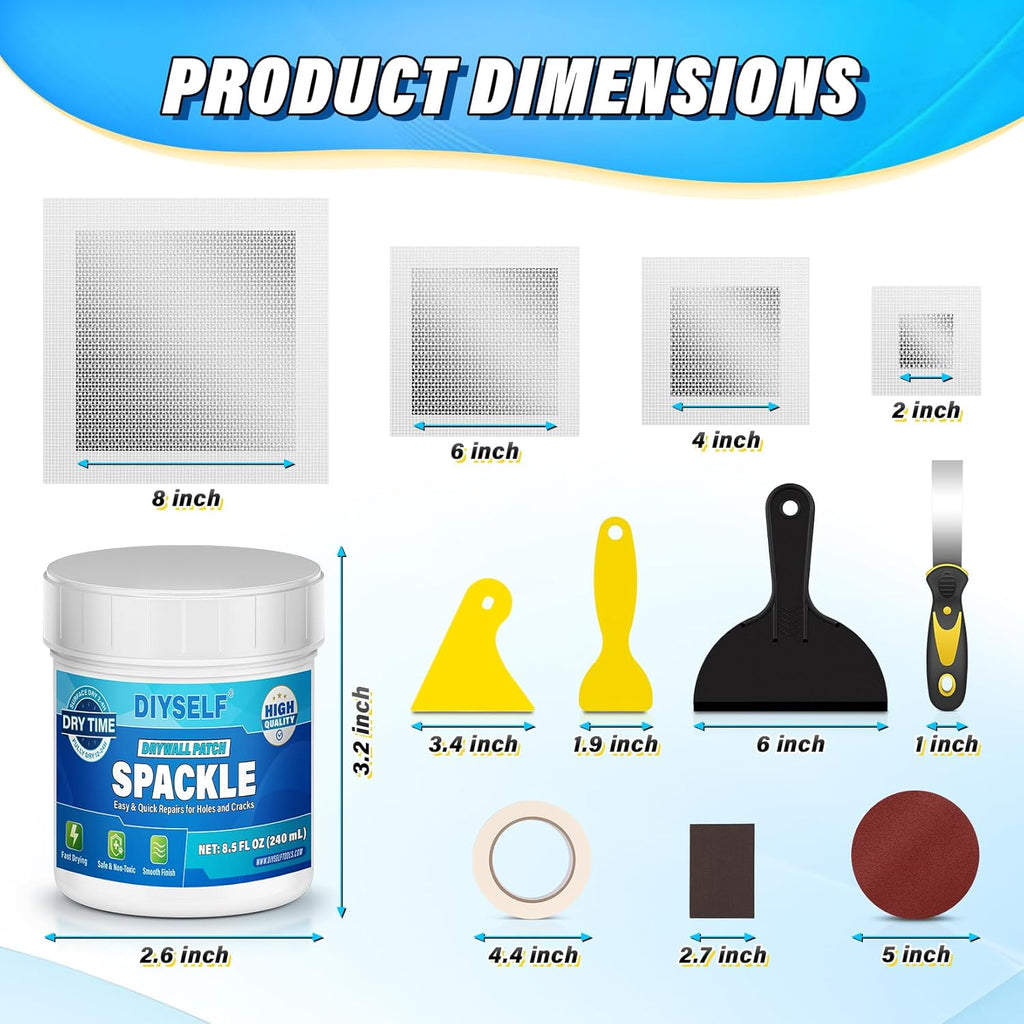 16-Piece Drywall Repair Kit, White Touch Up Paste with Mesh Patches | 2 Jars of Repair Putty, Self-Adhesive Mesh