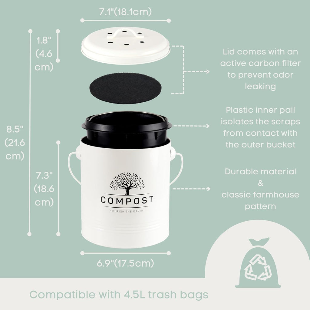 1.3 Gal Kitchen Compost Bin with Lid, Countertop Compost Caddy | Indoor compost bucket with inner bucket liner and