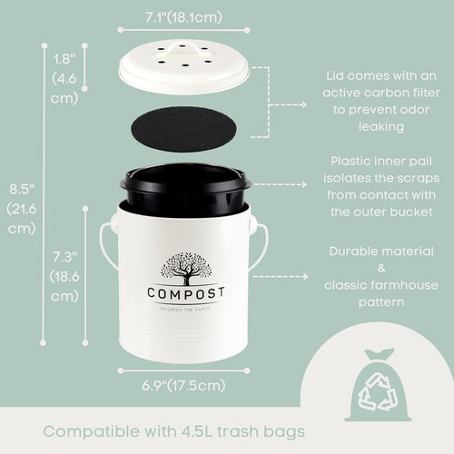 1.3 Gal Kitchen Compost Bin with Lid, Countertop Compost Caddy | Indoor compost bucket with inner bucket liner and