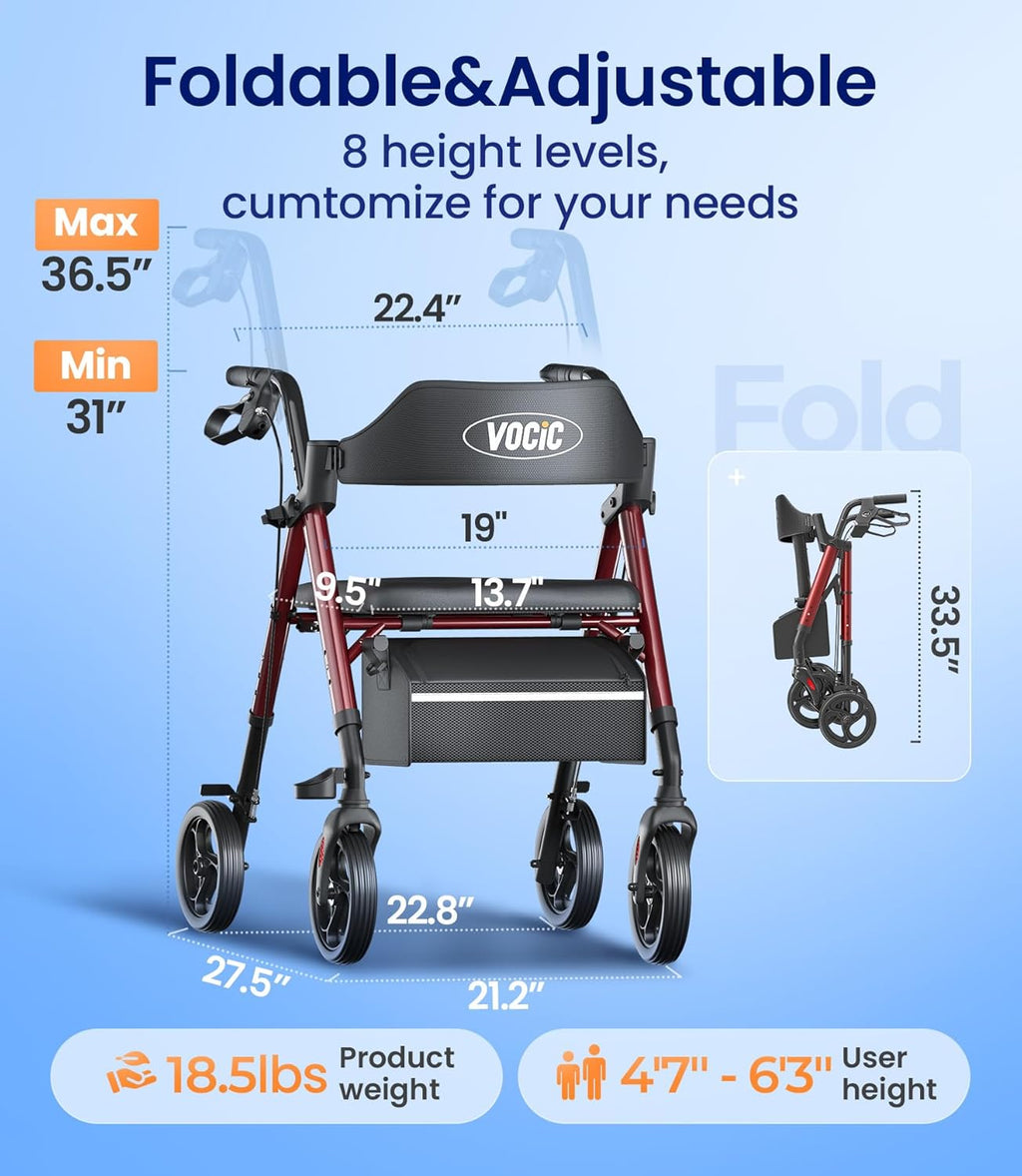 Walkers for Seniors, Z21 Rollator Walker with Seat Supports 350lb, 8" Big Wheels for All Terrain, Ergonomic Arc Seat