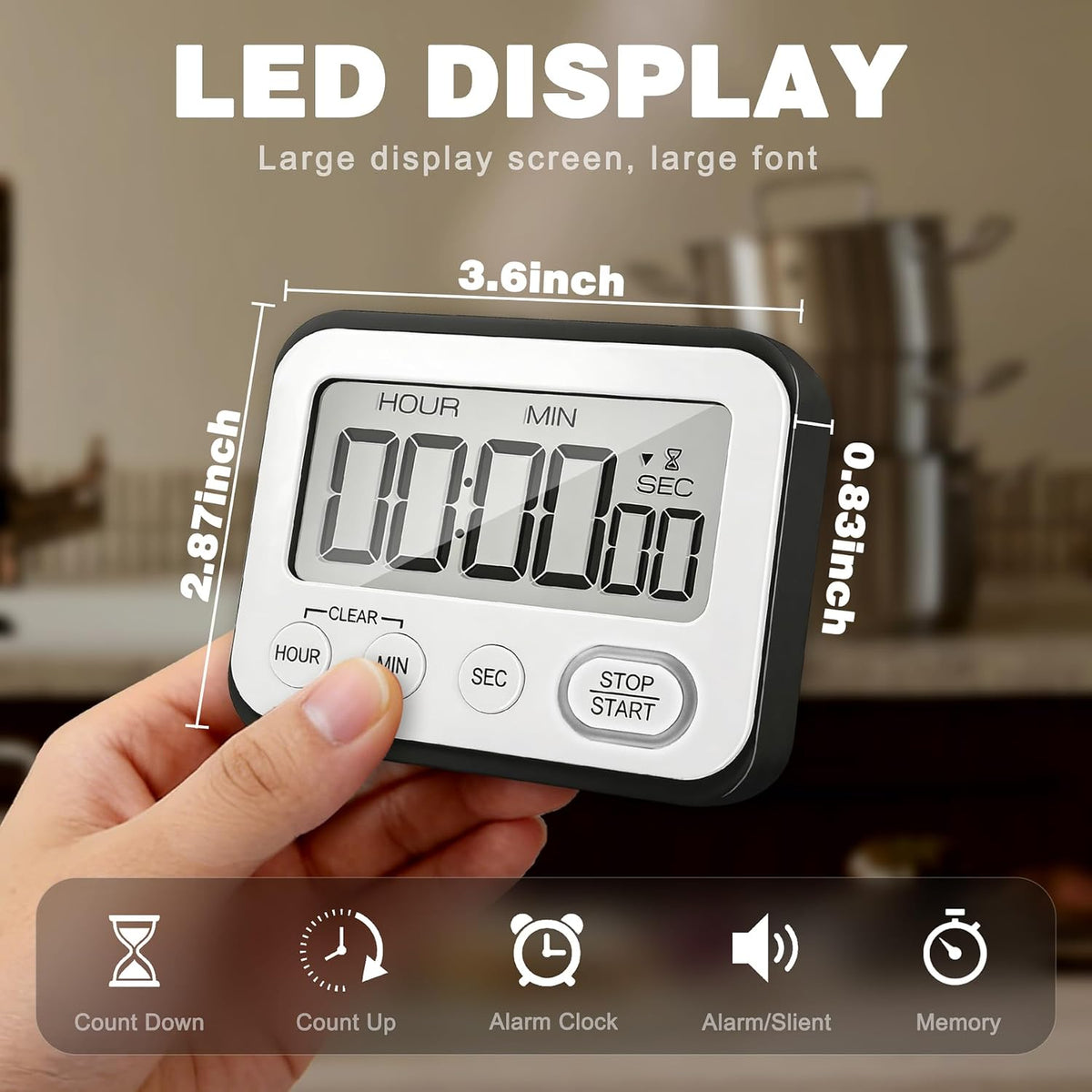 Digital Kitchen Timer Magnetic Loud Alarm, Large LCD Screen Silent/Beeping Multi-Function for Teachers Classroom