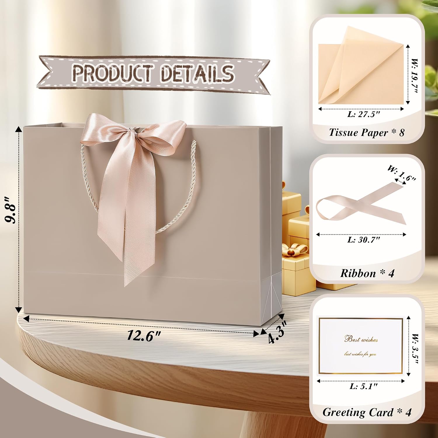 12.6" Medium Size Gift Bags, 4 PCS Gift Bags with 8 Tissue Paper 4 Greeting Cards, Elegant Bag with Handles for