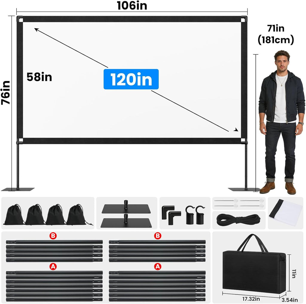 120inch Projector Screen with Stand: Portable Projector Screen Outdoor Indoor Front/Rear16:9 4K HD with Carry Bag