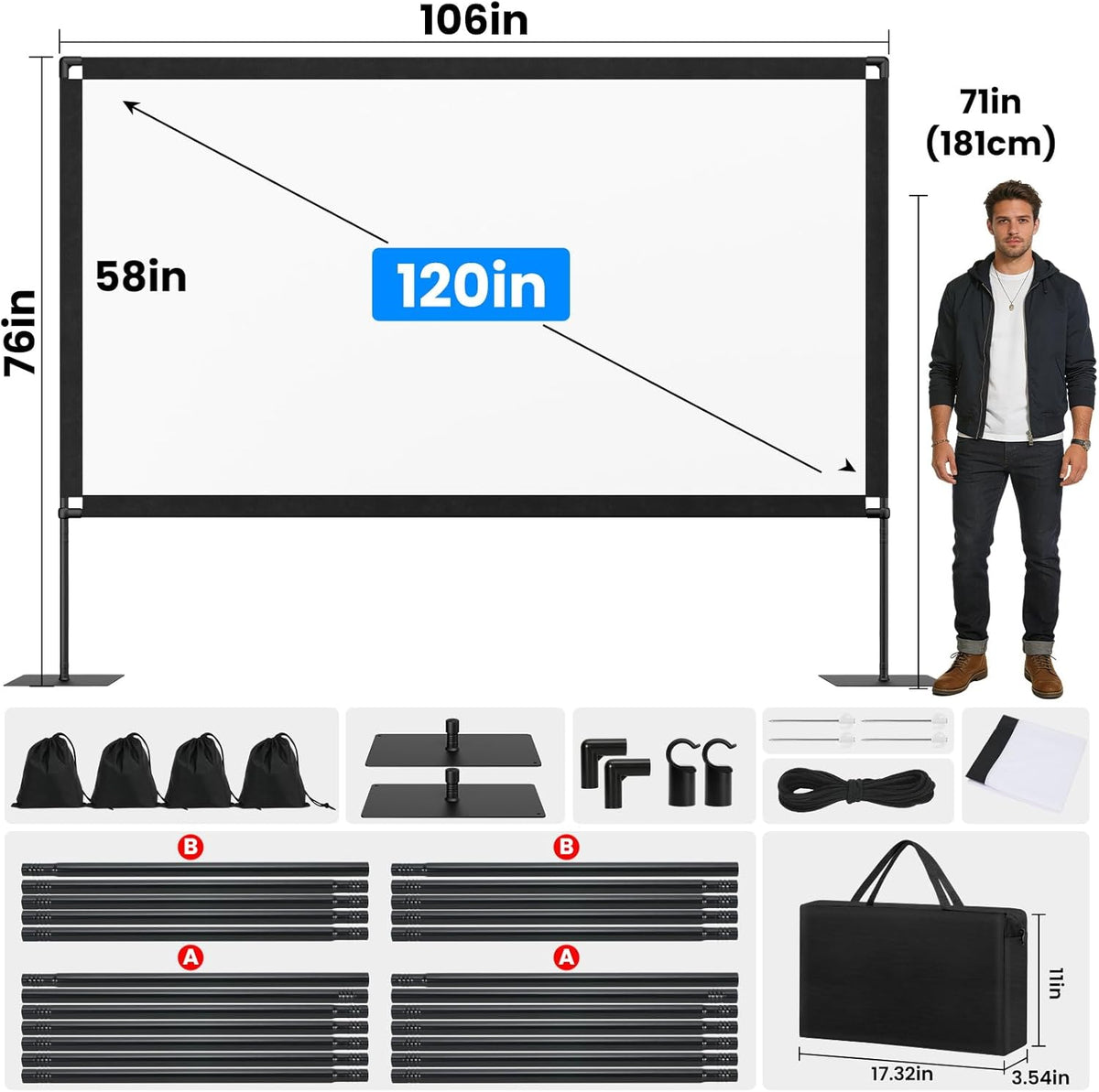 120inch Projector Screen with Stand: Portable Projector Screen Outdoor Indoor Front/Rear16:9 4K HD with Carry Bag