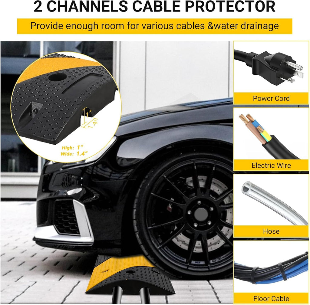 3.3 FT Heavy Duty Rubber Speed Bump 2-Pack, 2 Channel Driveway Cable Protector Ramp with Bolts for Parking Lots