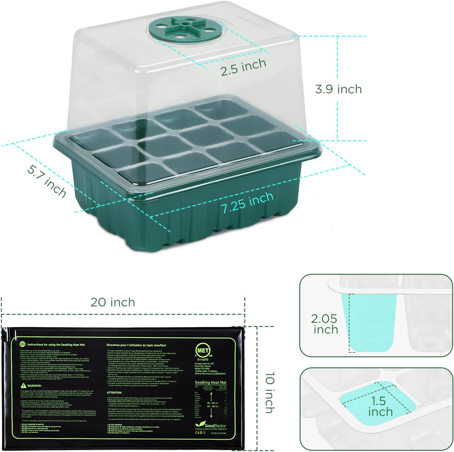 7-Pack Seed Starter Tray with Heat Mat (12 Cells per Tray), Plant Germination Trays with Adjustable Humidity Dome