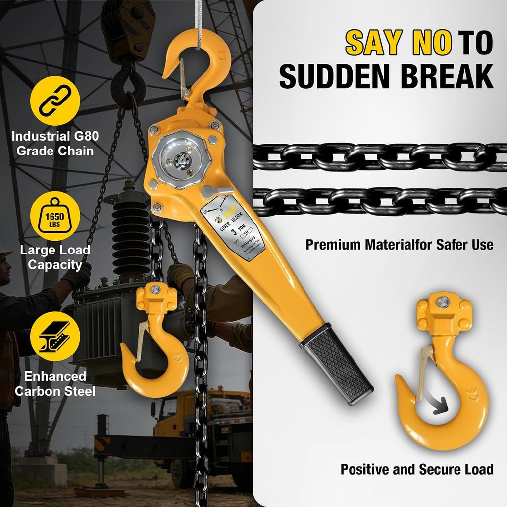 3 Ton Manual Lever Chain Hoist, G80 Galvanized Carbon Steel with Weston Double-Pawl Brake, Chain Come Along and