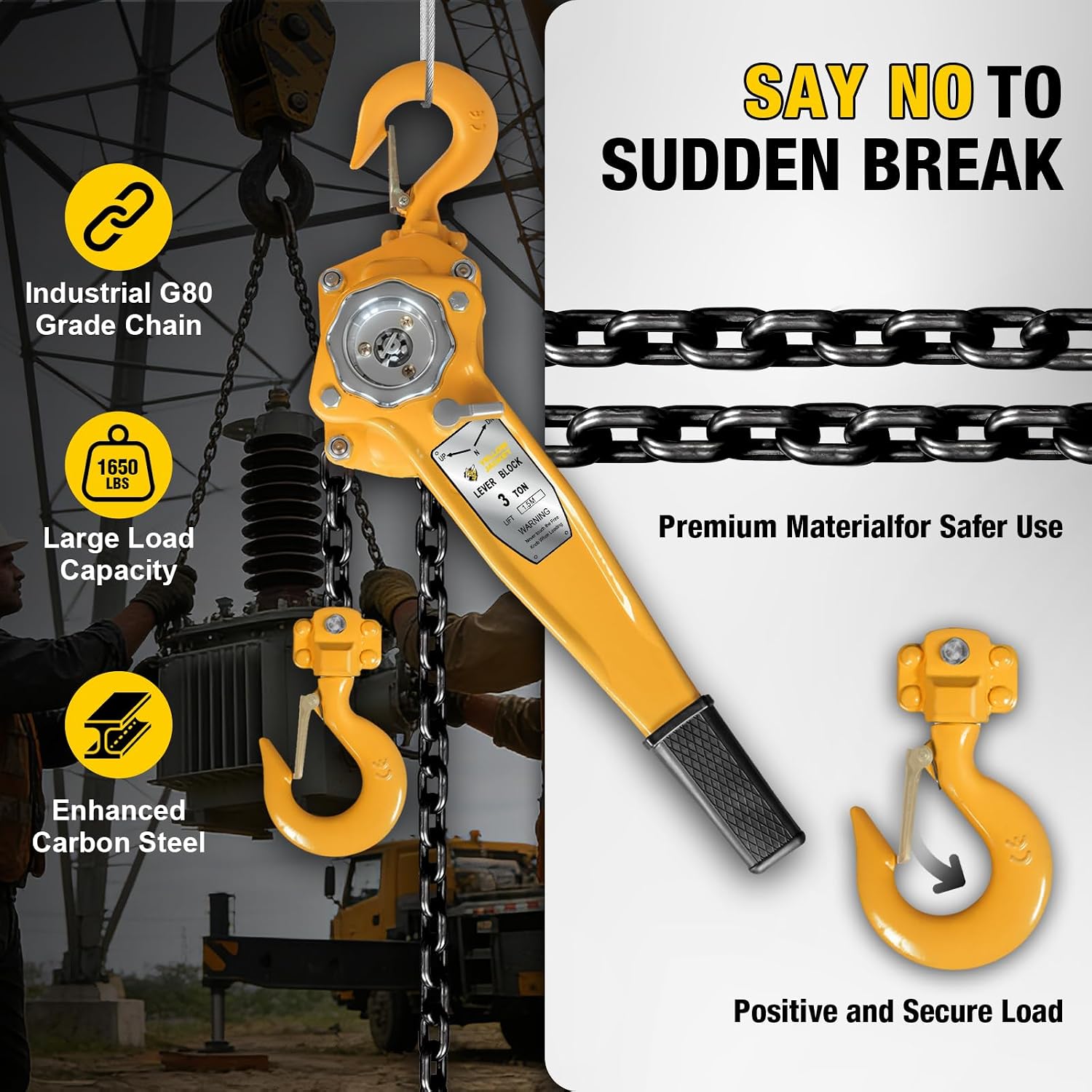 3 Ton Manual Lever Chain Hoist, G80 Galvanized Carbon Steel with Weston Double-Pawl Brake, Chain Come Along and